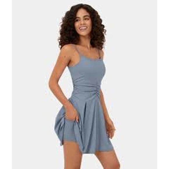 HALARA Dresses & Skirts - Halara Cloudful Ruched 2-Piece Side Pocket Mini Casual Dress Large Gray Blue NWT